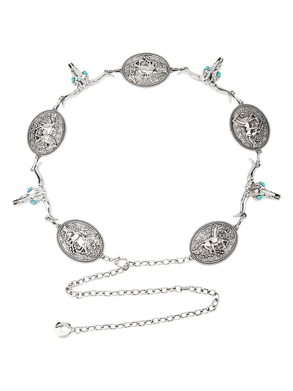 1Pc Tibetan Style Alloy Oval Cattle Head Link Chain Waist Belly Body Chains for Women Silver 615mm