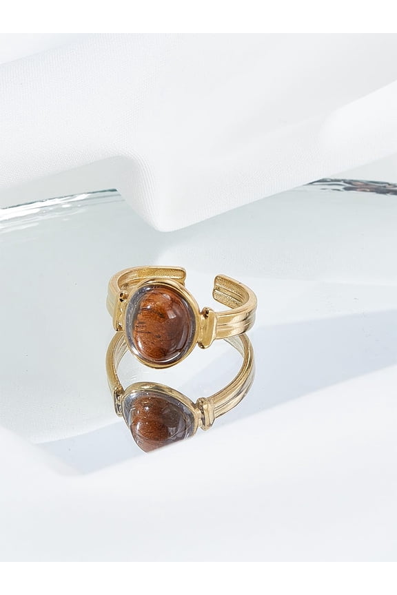 1Pc Tiger Eye Gemstone Adjustable Ring Stainless Steel Rings Simple Fashionable Minimalistic Stackable Jewelry Accessories for Women Elegant Gifts Personalized Jewelry Adjustable Gold