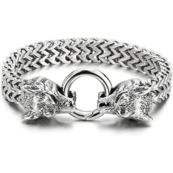 1Pc Titanium Steel Bracelet Mesh Chain Vintage Wolf Head Clasp 8-1/4 Inch Stainless Steel Color Stylish for Men Women Daily Wear