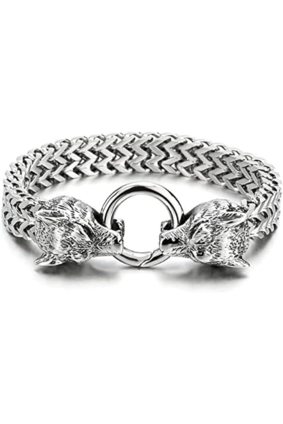 1Pc Titanium Steel Bracelet Mesh Chain Vintage Wolf Head Clasp 8-1/4 Inch Stainless Steel Color Stylish for Men Women Daily Wear
