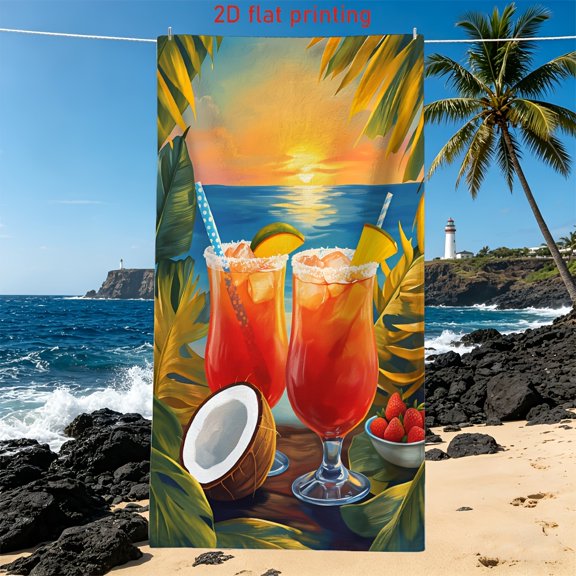 1Pc Tropical Coconut Grove Cocktail Scenic Pattern Beach Towel, Resort Style Design, Machine Washable Soft Swimming Towel, Suitable for Swimming Pool is a must for summer beach trips