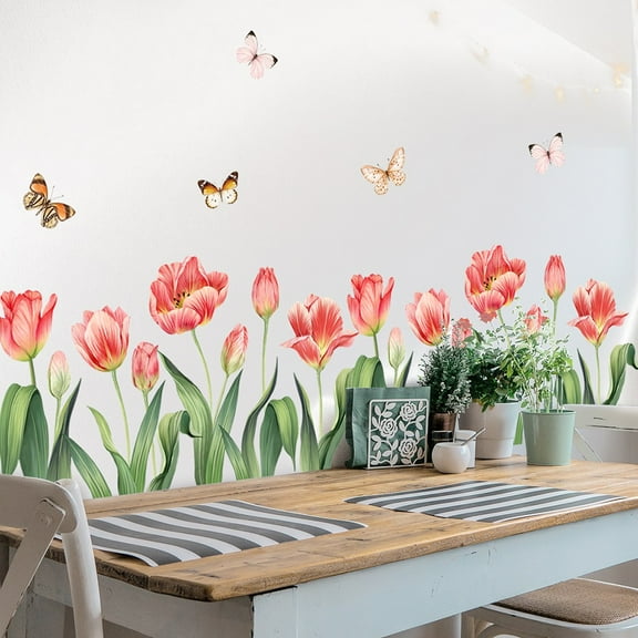 1Pc Tulip Flowers Wall Decals Watercolor Floral Butterfly Wall Stickers Colorful Flowers Wall Mural Removable Flower Wall Decor Peel and Stick Wall Art for girls Bedroom Kids Nursery