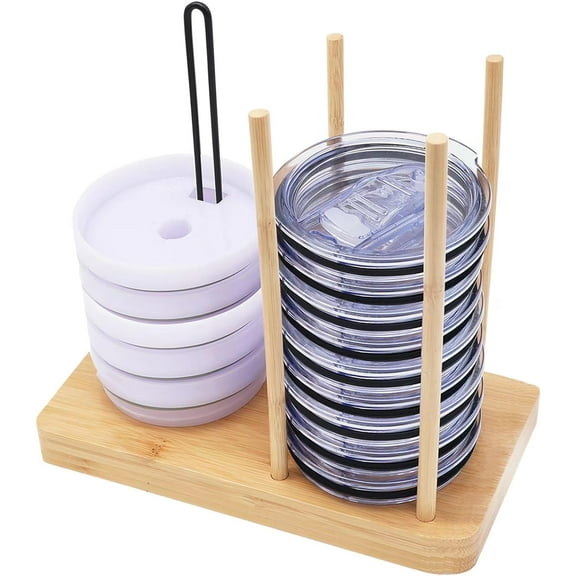 1Pc Tumbler Lid Organizer, Adjustable Water Bottle Lid Holder, Holds up to 20 Lids, Water Bottle Lid Organizer for Cabinet, Keep Kitchen Cabinets Clutter-Free and Countertops Organization, Wood Color