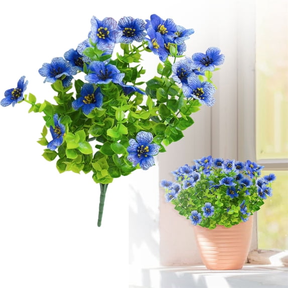 1Pc UV Resistant Artificial Blue Outdoor Flowers,Lifelike Faux Blue Flower Bushes with Green Leaves,Weather Resistant Fake Plants for Yard,Patio,Planter and Home Decor,Blue