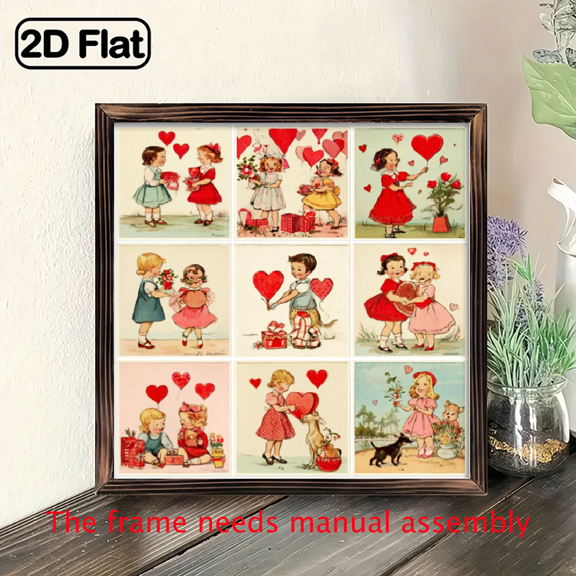 1Pc Valentine's Day Happy WoodFrame Sign Valentine's Day theme, elements of love and whimsy, vintage illustration style WoodFrame Wall Art Wall Pediments, 8x8inch Wall Decor, Perfect for Room Decor.