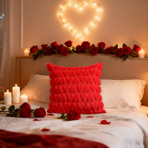 1Pc Valentines Pillow 18X18 In,Valentines Day Decoration Red Heart Soft Plush Faux Fur Jacquard Throw With Soft Fabric Hidden Zipper For Home Decor,For Bedroom Sofa Holiday Festivals Home Decor