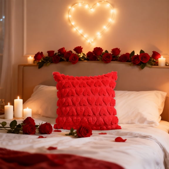 1Pc Valentines Pillow 18X18 In,Valentines Day Decoration Red Heart Soft Plush Faux Fur Jacquard Throw With Soft Fabric Hidden Zipper For Home Decor,For Bedroom Sofa Holiday Festivals Home Decor