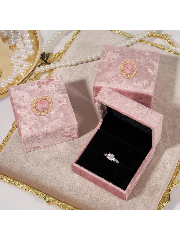 1Pc Velvet Jewelry Couple Rings Gift Boxes Rectangle with Cameo Women Pink 7.5x7x3.5cm Craft Supplies