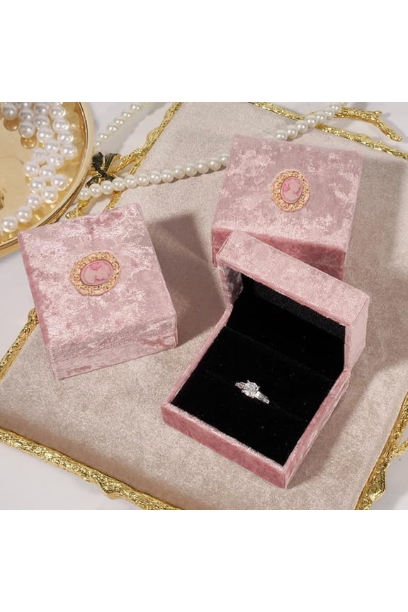 1Pc Velvet Jewelry Couple Rings Gift Boxes Rectangle with Cameo Women Pink 7.5x7x3.5cm Craft Supplies