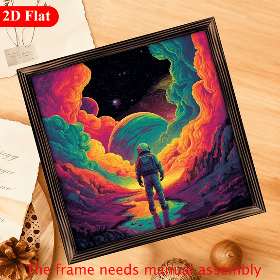 1Pc Vintage Rustic Frame Sign Astronauts exploring alien canyons, colorful planets with star rings, psychedelic sci-fi art style Frame Wall Art Wall Pediments, 12x12inch Wall Decor Home Decor
