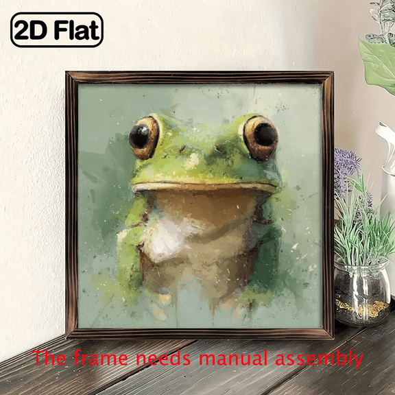 1Pc Vintage Rustic WoodFrame Sign Close-up of a frog, big eyes, impressionist painting style WoodFrame Wall Art Wall Pediments, 8x8inch Wall Decor Home Decorations, Perfect for Room Decor Living Room