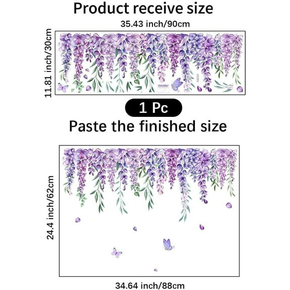 1Pc Wall Sticker 901.5x297x0.2mm PVC 3D Purple Flowers Wisteria Pattern Wall Decals for for Bedroom Living Room Classroom Office Decoration