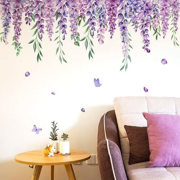 1Pc Wall Sticker 901.5x297x0.2mm PVC 3D Purple Flowers Wisteria Pattern Wall Decals for for Bedroom Living Room Classroom Office Decoration