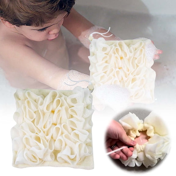 1Pc Washcloth Loofah Combo, 2 In 1 Bath Loofah Sponge with Drawstring, Exfoliation Mesh Shower Puff Ball for Body Wash Cleansing and Smooth Skin,6.7 X 6.7 Inch(Beige) Happy 2026!