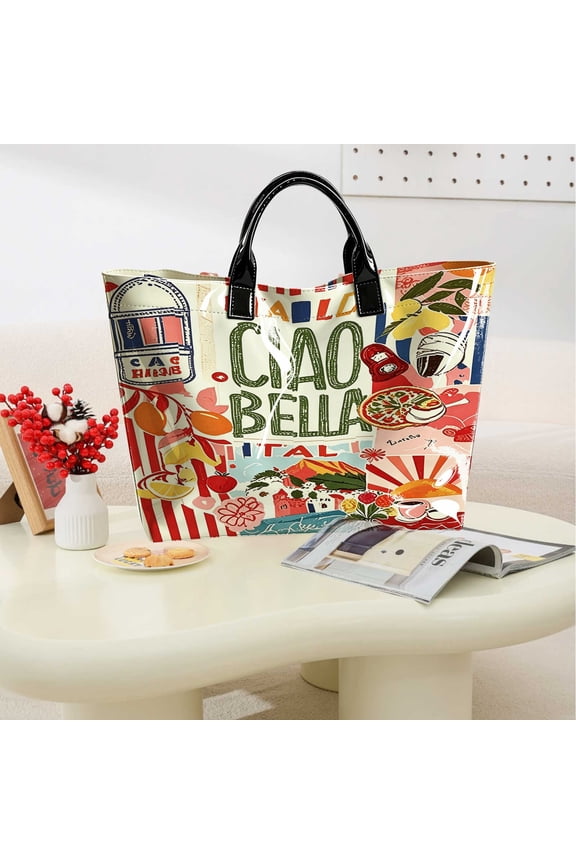 1Pc Watercolor Ciao Bella Italian Coast Lemon Print Tote Bag, Casual Daily Commute Campus Use, Thanksgiving & Christmas Gifts