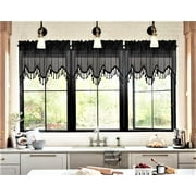 1Pc Wave Black color waterfall valance with tassels faux silk rod pocket semi sheer ascot dressing window 55" wide X 18" long for kitchen décor