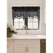 Gorgeous Home Linen 1Pc Wave Black Waterfall Valance with Tassels Faux Silk Rod Pocket Semi Sheer Dressing Window 55" wide X 18" long for kitchen décor