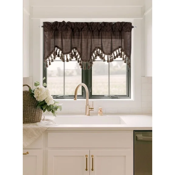 Gorgeous Home Linen 1Pc Wave Brown Coffee Waterfall Valance with Tassels Faux Silk Rod Pocket Semi Sheer Dressing Window 55" wide X 18" long for kitchen décor