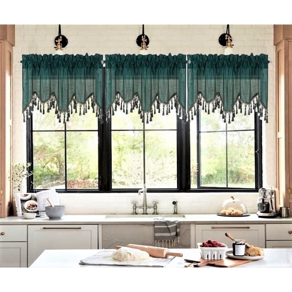 1Pc Wave Dark Green Forest color waterfall valance with tassels faux silk rod pocket semi sheer ascot dressing window 55" wide X 18" long for kitchen décor