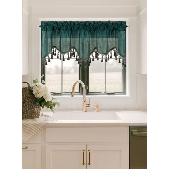 Gorgeous Home Linen 1Pc Wave Dark Green Waterfall Valance with Tassels Faux Silk Rod Pocket Semi Sheer Dressing Window 55" wide X 18" long for kitchen décor