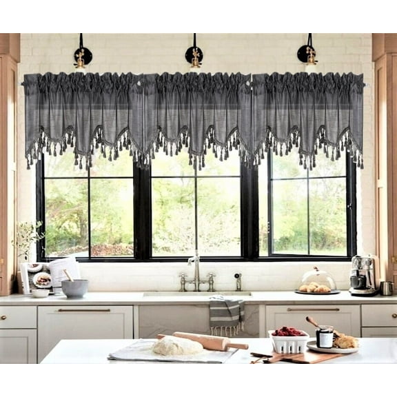 1Pc Wave Dark Grey color waterfall valance with tassels faux silk rod pocket semi sheer ascot dressing window 55" wide X 18" long for kitchen décor
