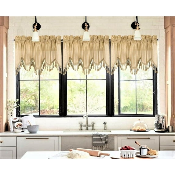 1Pc Wave Gold color waterfall valance with tassels faux silk rod pocket semi sheer ascot dressing window 55" wide X 18" long for kitchen décor