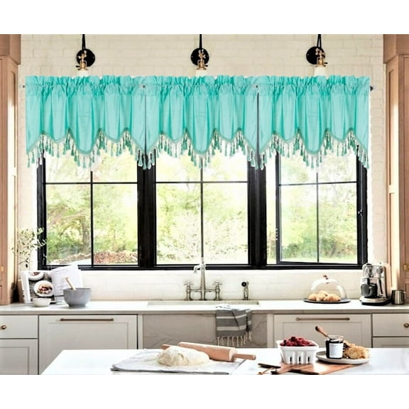 1Pc Wave Green Mint color waterfall valance with tassels faux silk rod pocket semi sheer ascot dressing window 55" wide X 18" long for kitchen décor