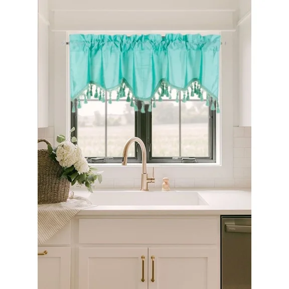 Gorgeous Home Linen 1Pc Wave Green Mint Waterfall Valance with Tassels Faux Silk Rod Pocket Semi Sheer Dressing Window 55" wide X 18" long for kitchen décor