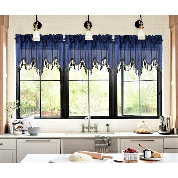 WAVE NAVY 1 Elegant Faux Silk Rod Pocket Swag Waterfall Ascot Dressing Window Valance with Tassels, 55" X 18" for kitchen bedroom décor