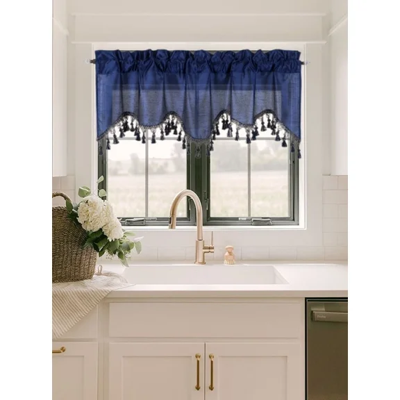 Gorgeous Home Linen Wave Navy Blue 1Pc Elegant Faux Silk Rod Pocket Swag Waterfall Ascot Dressing Window Valance with Tassels, 55" X 18"