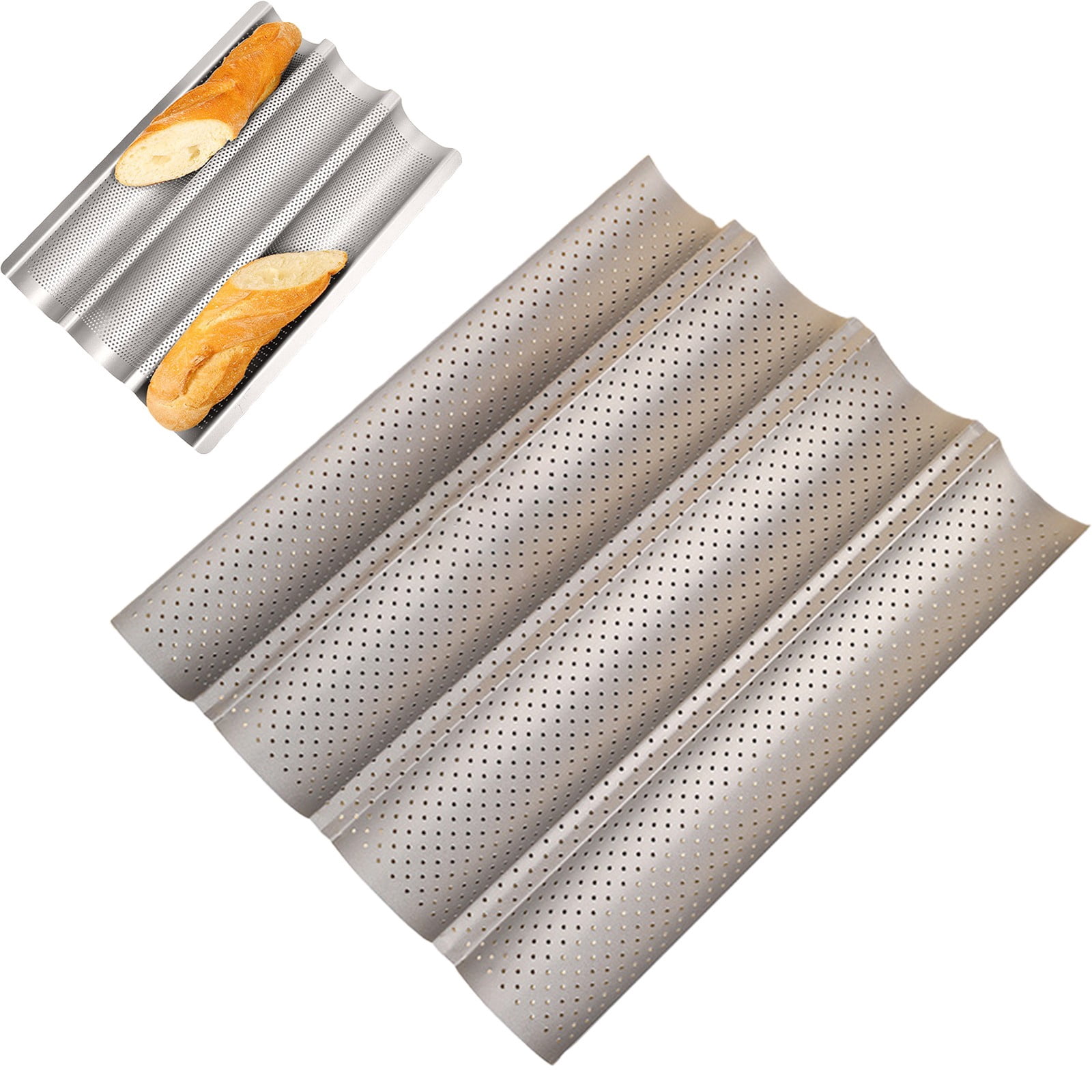 1Pc Wave Toaster Oven Baking Tray,Perforated Baguette Pan,Stainless Steel Loaf Nonstick Pan Groove Waves Bread Baking Tool,Tray Wave Bread Stick Baking Tray Kitchen Baking Tool for Oven Baking,Silver