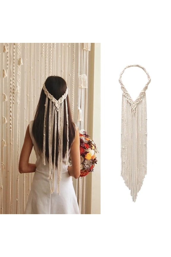 1Pc Wedding Veil Bride Headpiece Cotton Boho Headband Handmade White Macrame Tiara Headdress White 750mm
