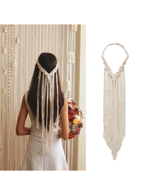 1Pc Wedding Veil Bride Headpiece Cotton Boho Headband Handmade White Macrame Tiara Headdress White 750mm