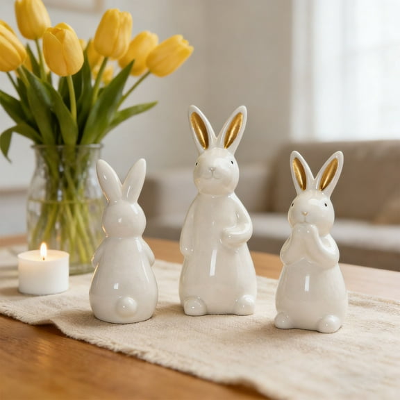 1Pc White Ceramic Bunny Figurine, Cute Easter Rabbit Statue, Home Tabletop Shelf Decorative Art Piece 9cm, Clearance F