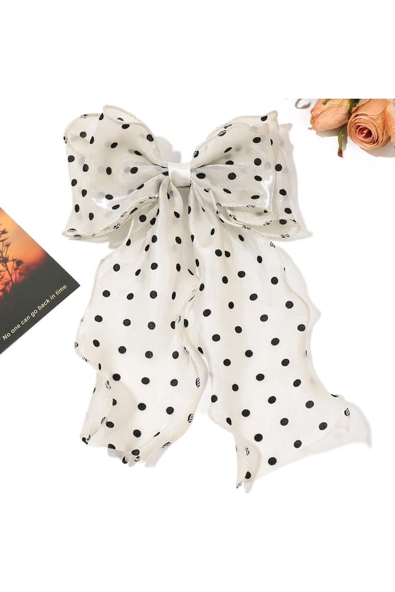 1Pc White Hair Bows Clip 290x165mm Cloth Bowknot Ribbon Long Tail French Barrette with Black Decorative Dots Pattern