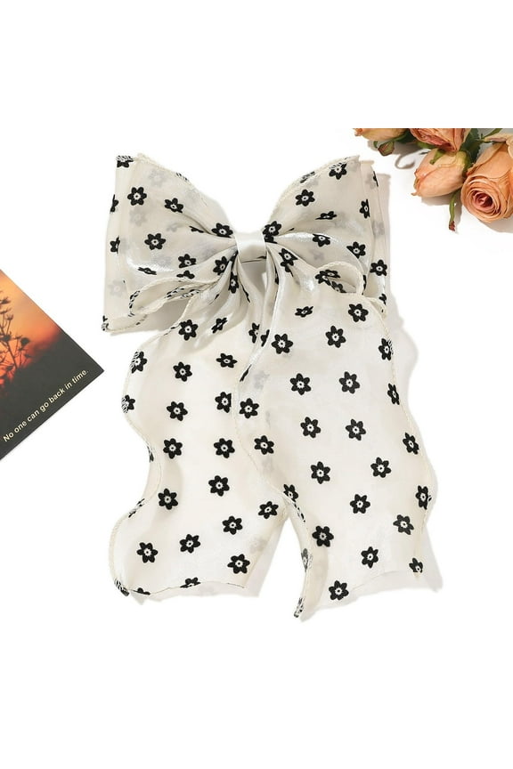 1Pc White Hair Bows Clip 290x165mm Cloth Bowknot Ribbon Long Tail French Barrette with Flower Pattern