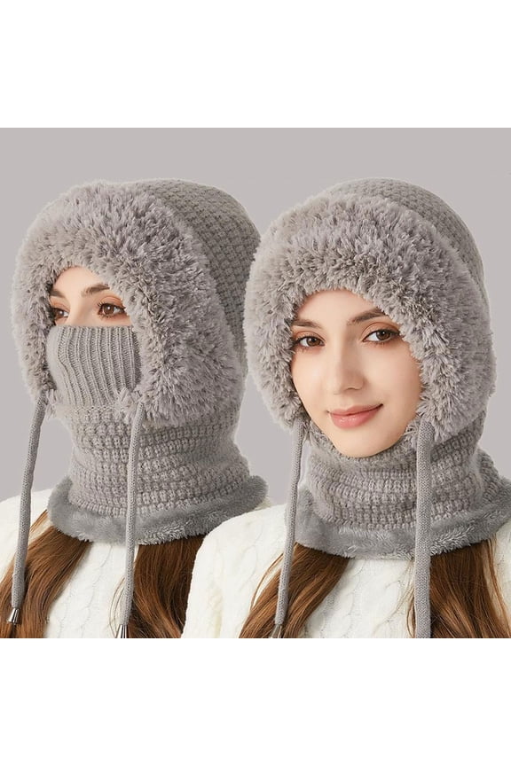 1Pc Windproof Full Head Hood Hat,Winter Ski Covers,Unisex Face Mask,Winter Hat with Warm Plush Linning for Women Warm,Hooded Scarf Hat Plush Beanie Scarf Winter Fuzzy Pullover Ski Hat,Grey,9x14"