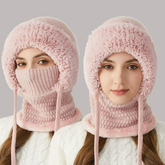 1Pc Women Knit Windproof Beanie Hats with Scarf and Mask,One Piece Plush Lined Knit Balaclavas Mask Set,Unisex Winter One Piece Balaclavas Hat Women Slouchy Plush Hoodie Face Shield Mask Earmuff,E