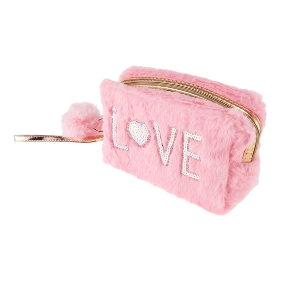 1Pc Women Portable Sequin Heart LOVE Makeup Bag for Travel Vacation Camping Pink Plush