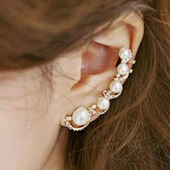 1Pc Women Rhinestone Faux Pearl Ear Clip Cuff Earring for Left Ear,Golden