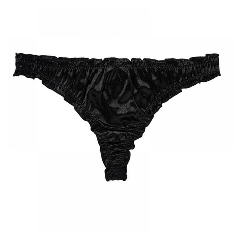 1Pc Women's Satin Thong Panties Low-Waist Ruffle Milk Silk G-string Panties  Frilly Thongs Underwear Ladies Underpants Black L 