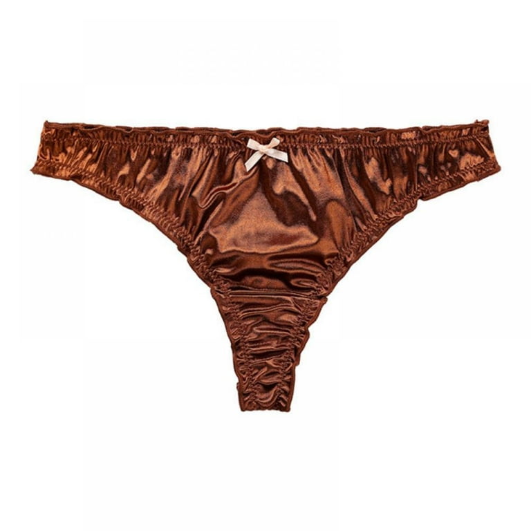 1Pc Women's Satin Thong Panties Low-Waist Ruffle Milk Silk G-string Panties  Frilly Thongs Underwear Ladies Underpants Brown L