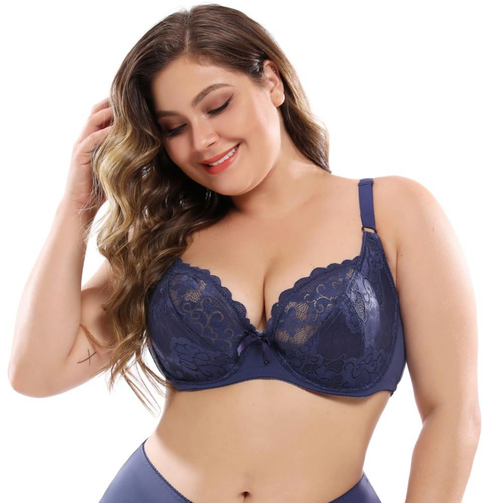  Womens Floral Lace Bra Plus Size Firm Hold Non Wired Non  Padded Full Coverage Minimizer 32I Blue
