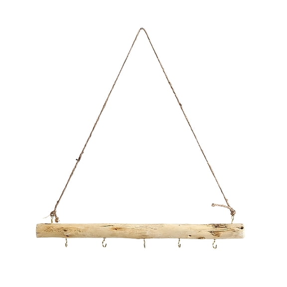 1Pc Wood Branch Hook Branch Hanger Rack with Jute Rope and 5 Hooks for Home Wall Hanging Decorations BurlyWood 199mm