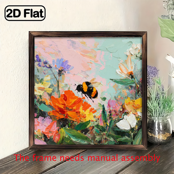 1Pc Wood Frame Sign Bees collecting nectar, flower garden, Impressionist style Wall Art Paintings Ideal Gift For Living Room Bedroom Corridor Wall Decor Room Decoration Ready