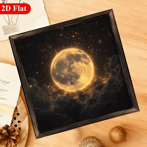 1Pc Wood Frame Sign, Full Moon and Stars Night Sky Print Lunar Surface Wall Art Paintings Ideal Gift For Living Room Bedroom Corridor Wall Decor, Ready to Hang 8_8inch