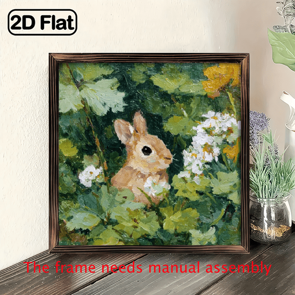 1Pc Wood Frame Sign Rabbit, Oil Painting Square Wall Art Paintings Ideal Gift For Living Room Bedroom Corridor Wall Decor Room Decoration Ready to Hang 8x8in