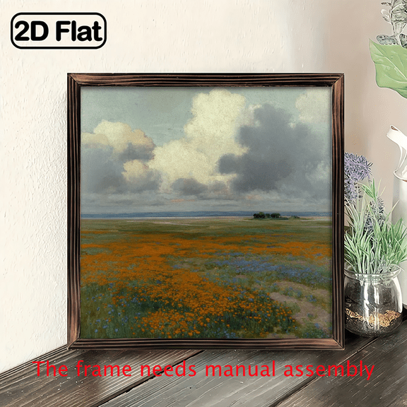 1Pc Wood Frame Sign Vintage Landscape, Rustic Farmhouse Meadow Square Wall Art Paintings Ideal Gift For Living Room Bedroom Corridor Wall Decor Room Decoration Ready to Hang 8x8in