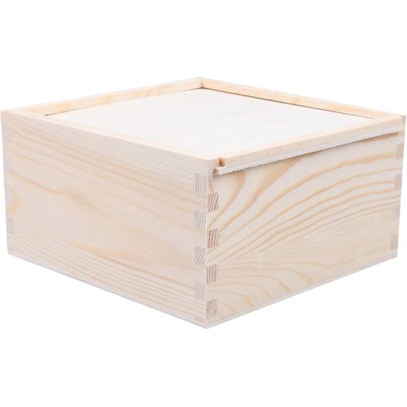 1Pc Wooden Box with Sliding Lid Decorative Storage Box 14.7x14.6x7.6cm 5.79x5.75x3 Inch Unfinished Wood for Birthday Party