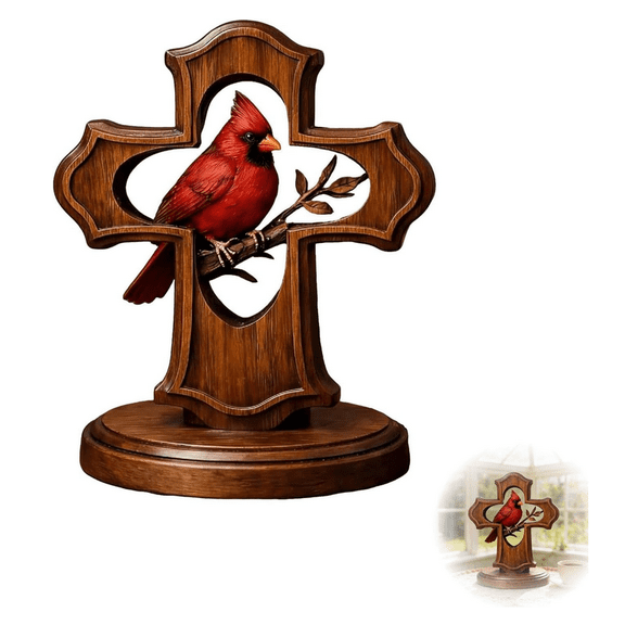 1Pc Wooden Cardinal Memorial Cross - Handcrafted Sympathy Gift for Bereavement with Cardinal Branch, Christian Remembrance Keepsake for Shelf, Desk & Home Decor